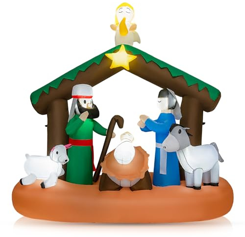 COSTWAY 180 cm Aufblasbare Weihnachtskrippe, Weihnachtsdeko mit LED-Lichter, Nachstellung der Geburt Jesu, Weihnachtsbeleuchtung, Weihnachtsdekoration für drinnen und draußen, selbstaufblasend