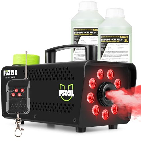 Fuzzix F509L Nebelmaschine Mini mit LED Lichteffekt und 2 Liter Nebelfluid, 500 Watt mit Fernbedienung, Rauchmaschine Party, Smoke Machine mit 9 LEDs RGB, Hochzeiten, Nebelmaschine Halloween