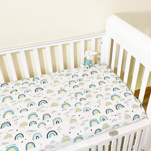 Odot Spannbettlaken für Kinderbett, Kinderwagen Matratzenbezug, Cartoon-Druck Baumwolle Baby Spannbetttuch Stubenwagen Bezug für Babybett/Beistellbett mit Gummizug (140x70cm,Regenbogen)