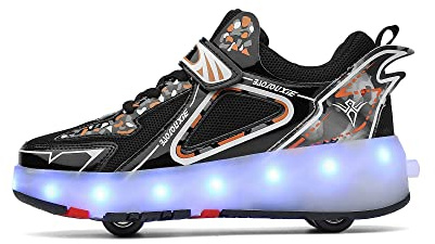 Jungen Mädchen Rollschuhe Schuhe Mit 4 Rollen Skateboardschuhe, Verstellbar Jugend Schuhe mit Rollen und LED Licht, Multifunktionale Sportschuhe Outdoorschuhe für Kinder Erwachsene…-Schwarz||32