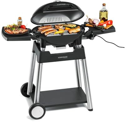 ROMMELSBACHER Barbecue Grill BBQ 4100/S, Scharnierdeckel, Grillwagen | 2 -teiliger Grillrost aus Gusseisen, Temperaturanzeige, Temperaturen bis 300 °C, stufenlos regelbar, 2200 W