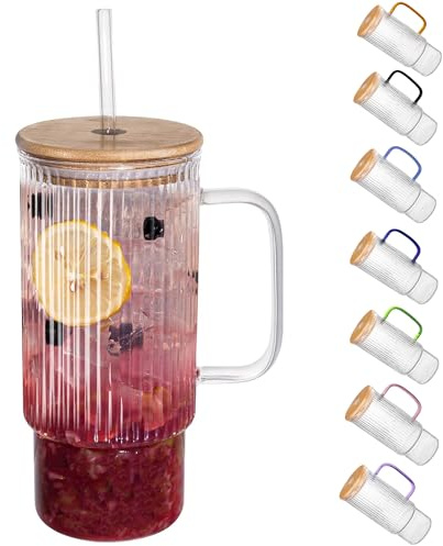 erichbow 32oz Ribbed Glass Cup with Handle Bamboo Lid and Straw, Glass Tumbler, Iced Coffee Cups Hot/Cold Drinks