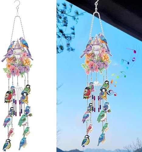 Toyone Diamond Painting Bastelset,Mädchen Geschenke 8-12 Jahre，5D Doppelseitige Kristall Sonnenfänger Windspiele Set Dekorieren Fenster, Türen und Gärten, Ideales Kindertag Geschenk（Vogel）