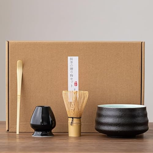 Hanakawaii Matcha Tee Set - 4-teilig | Keramik Matcha Schale, Bambusbesen, Besenhalter, Bambuslöffel | Traditionelle Teezeremonie | Weiß-Rosa, Blau, Schwarz, Grün (Schwarz)