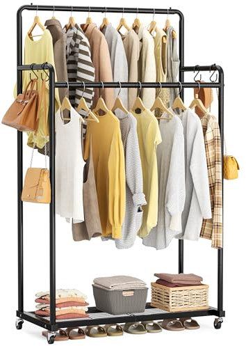 HOMIDEC Clothes Rail,Metal Clothes Rack with Hooks, Double Rads Heavy Duty Clothing Rail for Bedroom,Portable Clothing Rack Clothes Storage Shelf,Hold up to 80 kg,Blcak