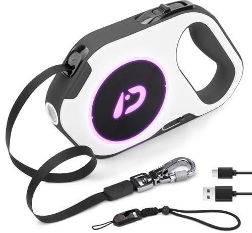 DAISTERN von BSWAY Einziehbare Hundeleine, 5m Hundeleine mit LED-Licht, Wiederaufladbar, Rollleine für Große und Kleine Hunde bis 40kg, Einknopfbremse, Verhedderungsfrei, ideal für Nachtspaziergänge
