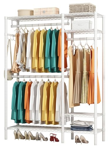 KZOBYD Kleiderständer Metall, Freistehender Kleiderstange mit Regal (Weiß) | 114 * 42 * 194 cm, 3 Aufhängestangen, 4 verstellbaren Regalen, für Mäntel Kleider Schuhe, Garderobe Kleiderschrank offen