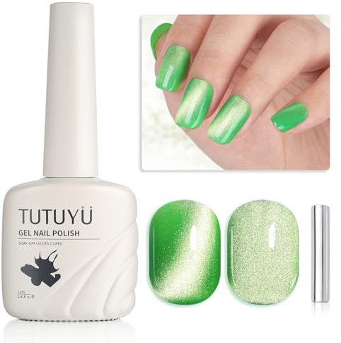 TUTUYU Green Cat Eye Gel Nail Polish - Holographic Neon Green Perfect for DIY at Home & Gift for Nail Art Lovers!