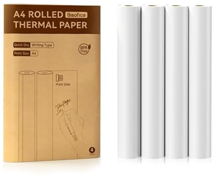 Bisofice 4 Rotoli Carta Termica A4, Compatibile con tutte le Stampante Termica Portatile, Senza BPA, per Foto Ricevute Memo File, Circa 22 fogli/rotolo