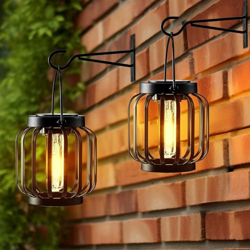 2 Stück Solarlampen für Außen Hängend,Retro LED Solar Laternen,Solarleuchten Gartendeko,Wasserdicht Metall Hängend Solarleuchten,Solar Laternen für Draußen für Terrasse Rasen Balkon Hof Gartendeko