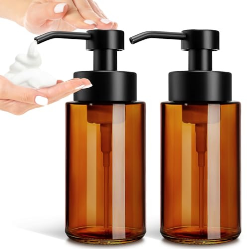 GMISUN Glass Foaming Soap Dispenser, 10 Fl oz / 300ml Amber Glass Soap Dispenser for Bathroom & Kitchen, 2 Pack Modern Refillable Foam Hand Soap Dispensers, Bathroom Hand Soap Dispensers with Labels