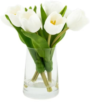 Floral Kingdom Real Touch 9-Pack White Tulips Artificial Flowers in Glass Vase with Faux Water, Weddings Centerpieces, Home & Office Decor for Summer, Fall, Year-Round Use
