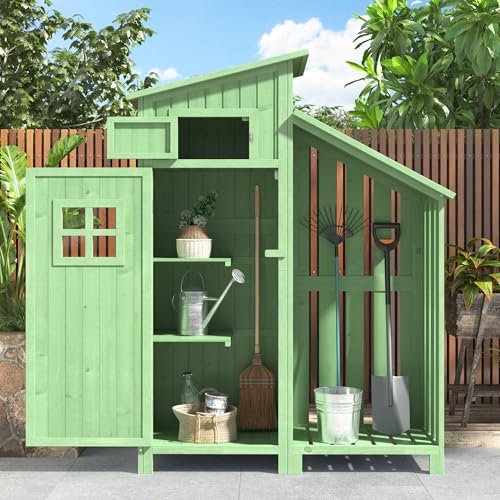 Armadio da giardino in legno, Capanno in legno massiccio,casetta da giardino con tetto in PVC,capanno da giardino per esterni 124 x 46 x 174 cm (Verde)