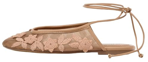 UFEDO Lace Up Mesh Ballet Flat for Women Summer Slingback Ballerina Shoes Embroidered Floral Mary Jane, 11 Apricot, 4