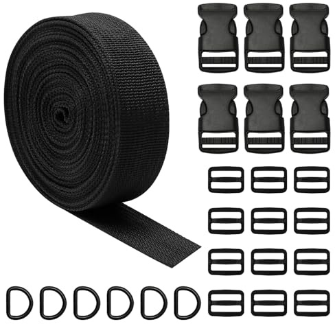 5.4 Metres Nylon Webbing Strap 25mm, Backpack Straps Heavy Duty Black, Strap Adjustable with Clips Buckles for Backpack Dog Collar DIY Craft