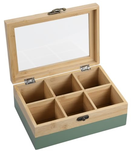 Kesper® | Scatola da tè Materiale: bambù certificato FSC® – 6 scomparti – con finestra e chiusura retrò – Scatola da tè per conservazione, dimensioni: 21,5 x 15 x 8,5 cm – senza tè, colore: verde