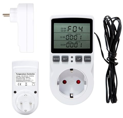 SKIKHN Digitaler Temperaturregler Steckdosen Heizung Kühlen Thermostat, 250V Thermostat Steckdose mit Fühler, LCD Bildschirm Temperaturschalter, Thermostat Heizung für Gewächshaus, Aquarium, Terrarium