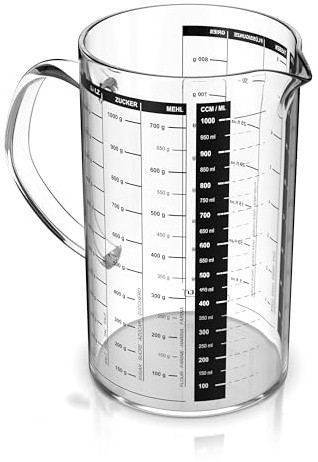 Arendo - Messbecher Glas 1l - 1000 ml Glasmessbecher – Borosilikatglas – für Mehl Zucker Gewürze Flüssigkeiten Süßigkeiten – Glasbehälter - lebensmittelecht