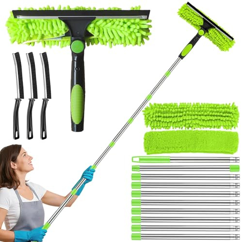 4.5M Window Cleaning Kit, Extra Long 2-in-1 Extendable Window Cleaning Equipment with Microfiber Cloth Squeegee Strips for High Windows, Walls & Cars