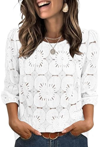 Sampeel 3/4 Length Sleeve Womens Tops Dressy Casual Summer Cute Eyelet Lace Tops Spring Lightweight Blouses Plus Size Spring Clothes Fashion Clothing Business Casual Outfits White XL