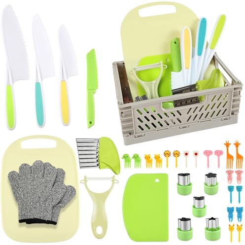 HOTUT 35 piezas Juego de Cuchillos Cocina para Niños, Utensilios Cocina Montessori para Cortar y Cocinar Frutas o Verduras, Incluye Tabla de Cortar, Pelador, Cuchillo Aprendizaje Niños