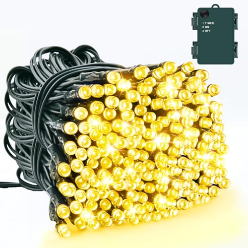 Dalugo Lichterkette Batterie Außen, 10M 100 LED Warmweiß Lichterkette Kabel Grün mit Timer, IP65 Wasserdicht für Innen außen Weihnachtsdekorationen
