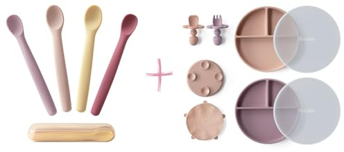 Moonkie 4er Babylöffel Lernlöffel blw Löffel & Saugnapf-Kinderteller Mit Gabel, Löffel Und Deckel,Baby Fütterungs-Essentials Set Für Die Beikost ab 4–6 Monaten, Für Selbstständiges Essen