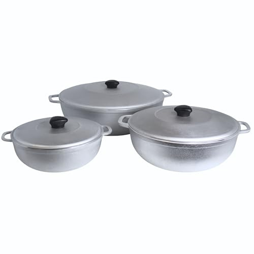 IMUSA Caldero Stock Pot with Lid 3pc Set, 1.5/3.5/7 QT, Cast Aluminum, Perfect for Serving Large & Small Groups, Riveted Handles, Made in Colombia, Silver