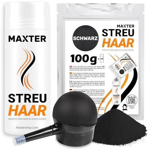 Maxter Streuhaar zur Haarverdichtung SCHWARZ + Spray Applikator + Nachfüllbeutel 100g - Haarpuder gegen Kaschierung von Haarausfall - Männer und Frauen - Mikrofaser in Pulverform - Hair Fiber