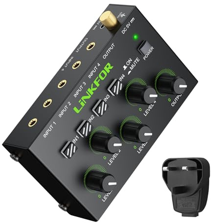 LiNKFOR Mezclador de audio de 3,5 mm, 4 canales con fuente de alimentación