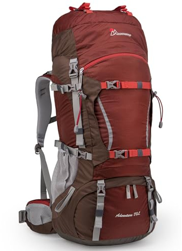 MOUNTAINTOP 70L Internal Frame Backpack Camping Backpacking Hiking Backpack for Men Women with Rain Cover,Maroon