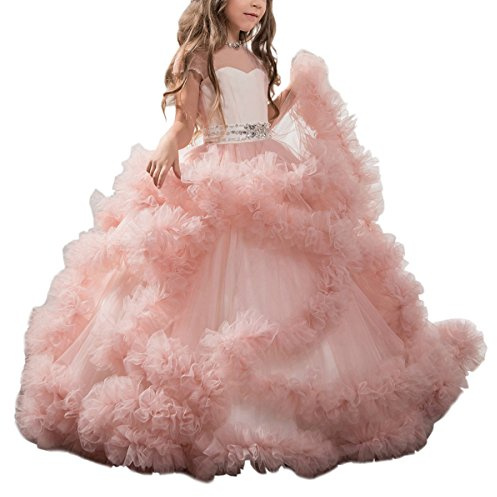 Stunning V-Back Luxury Pageant Tulle Ball Gowns for Girls 2-12 Year Old Pink,Size 12