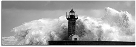 Leinwandfoto als Panorama SCHWARZ/WEISS 150x50cm Meer Sturm Welle Leuchtturm