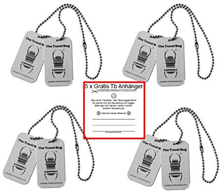 geo-versand 4 x Geocaching TravelBug® Origin Silber + 4 TB Anhänger