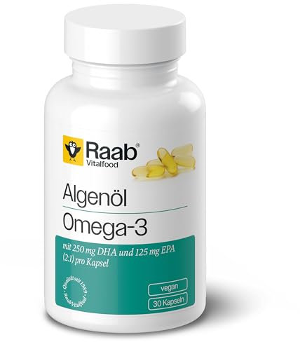 Raab Vitalfood® Algenöl Omega-3 Kapseln (30 Stück) - Omega-3 Vegan aus Algenöl, mit DHA und EPA (2:1), nachhaltige Alternative zu Fischöl, Omega-3 Fettsäuren DHA 250 mg und EPA 125 mg pro Kapsel