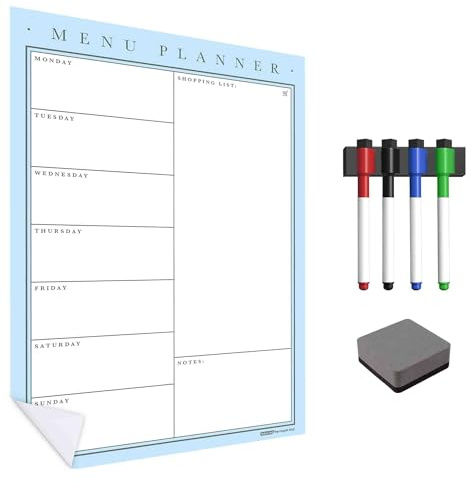 WallTAC Wand-Mahlzeitenplaner A2 | Wochenplaner und Familienplaner | Wiederverwendbares, abnehmbares und neu positionierbares selbstklebendes Whiteboard-Menü (Enteneiblau, A2)