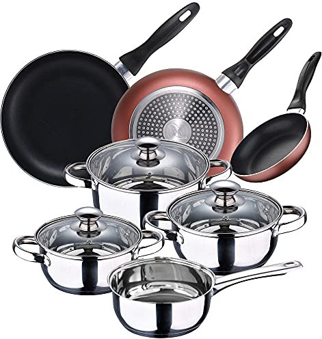 San Ignacio Batería de cocina 7 piezas en acero inoxidable + Set 3 sartenes Ø16/20/24 cm, aluminio prensado, aptas para inducción, PK3363
