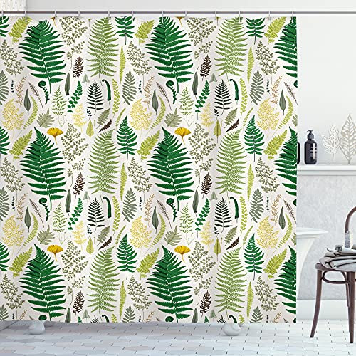 ABAKUHAUS Wald Duschvorhang, Vintage Farne Kräuter Bild, Stoffliches Gewebe Badezimmerdekorationsset mit Haken, 175 x 200 cm, Off White Mehrfarbig