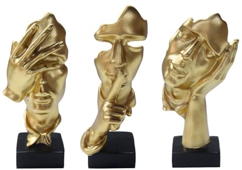 aboxoo 3 statue pensatrici Silence is Gold, statuetta astratta con scritta No Hear No See No Speak, sculture moderne in resina, oggetti decorativi per stanze creative, casa, ufficio, studio (oro)