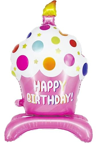 DIWULI XXL Cupcake Luftballon Rosa - Happy Birthday stehend