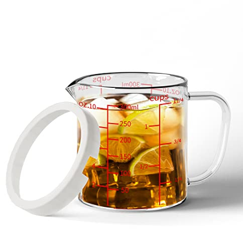 77L Glass Measuring Cup, 1 1/4-Cup/300 ML Liquid Measuring Cups, Measuring Cup With Handle and V-Shaped Spout, Glass Beaker with Three Scales (OZ, Cup, ML), Dishwasher/Freezer/Microwave Safe