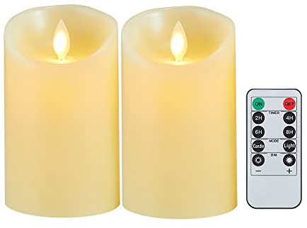 Lonkenn Candele LED 2 pezzi Candela LED con Fiamma Tremolante Candele a Batteria Candela con Telecomando a 10 Tasti Funzione Timer Realizzato in Vera Paraffina Candela Decorazione-12.5cm Ivory