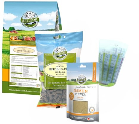 Bellfor Futterset für Kleiner Münsterländer – Getreidefreies Trockenfutter mit Weidelamm & Wildkaninchen 2,5 kg, Soft-Snacks 200 g & Ergänzungsfuttermittel Immun Pulver 80 g