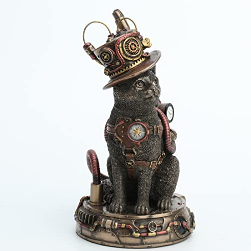 Veronese Design Chaotische Neutal-Hutmacherkatze im Steampunk-Stil, kaltgegossenes Kunstharz, Bronze-Finish, 17,5 cm