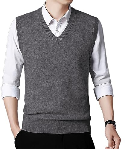 KUYIGO Hommes Gilet Pull-Over col V Pull-Over tricoté sans Manches L Gris foncé