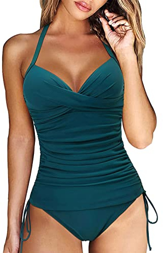 Yutdeng Tankinis Mujer Traje de Baño 2 Piezas Bañador Reductor Vientre Plano Bikini Push Up con Aros con Tanga Tankini Cuello V Correas Laterales Bañadores Deportivos Mujer Natacion,Azul,S