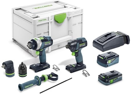 Festool – Schrauber- & Bohrer-Set TID 18 5,0/4,0-Set TPC 18/4 inkl. TID 18 + TPC 18/4 + Akkupacks + Schnellladegerät + Schnellspannbohrfutter + Winkelvorsatz + Zusatzhandgriff + Gürtelclip + Systainer
