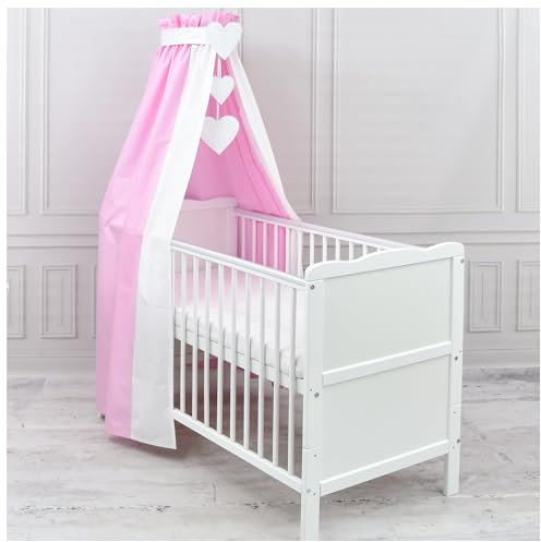 Generisch Baby Delux Babybett Himmel Betthimmel Baumwolle Baldachin für Babybett Kinderbett Wiege Stubenwagen Himmelstange Applikationen Herz Deko (Rosa, ohne Himmelstange)