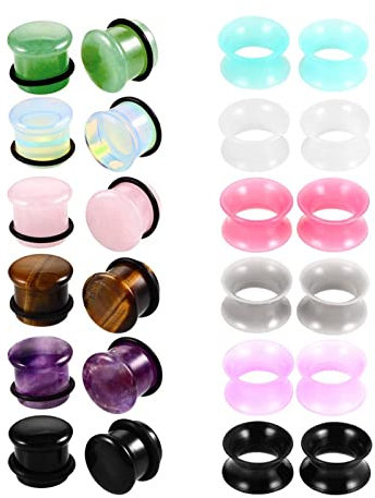 BCughia Lot de 24 tunnels en silicone pour oreilles - Calibre de tunnel pour oreilles - Pierre ronde et cerceau - Bijoux de tailles variées, 14mm, Silicone/pierre, Pas de gemme
