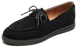 TinaCus Mocasines planos hechos a mano de piel de ante con puntera redonda con cordones para mujer, Negro -, 37 EU